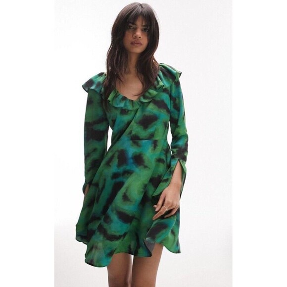 TOPSHOP Ruffle Neck Tea Dress Green Long Sleeve Split Cuffs Elastic Back Women - Picture 1 of 16
